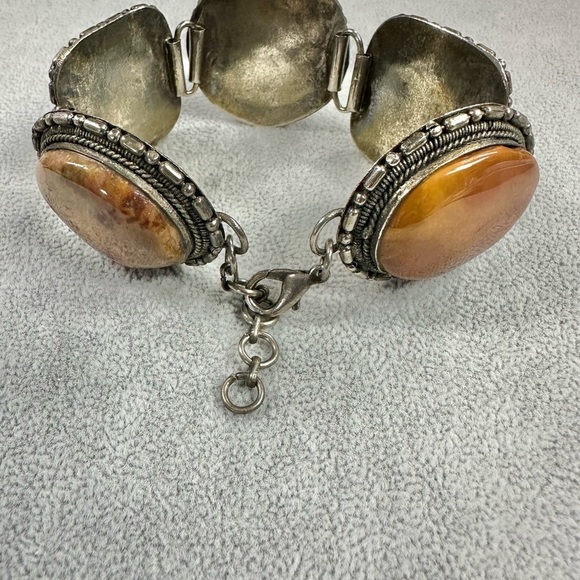 Vintage Artisan Indian Jasper Stone Silver Tone Chunky Boho Earth Tone Bracelet - Picture 7 of 8
